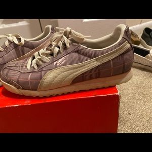 Purple and plaid Puma sneakers